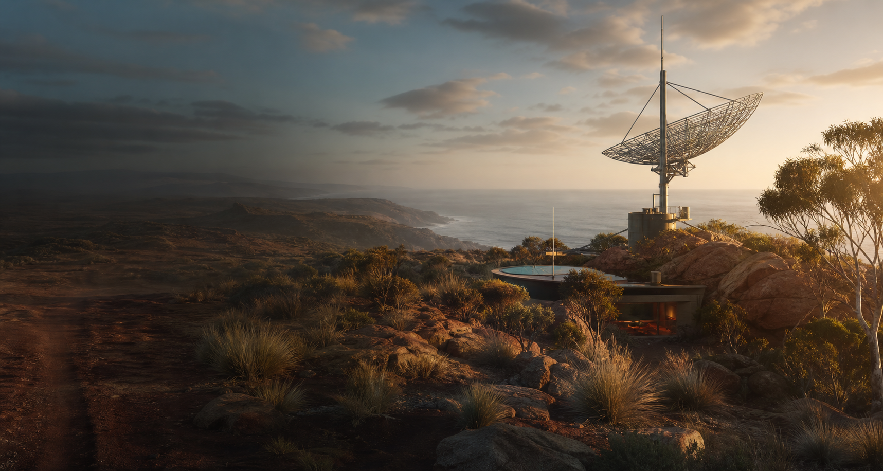 A dawn Australian coastal landscape with red earth, native grasses, ocean haze, and a modern radio antenna.